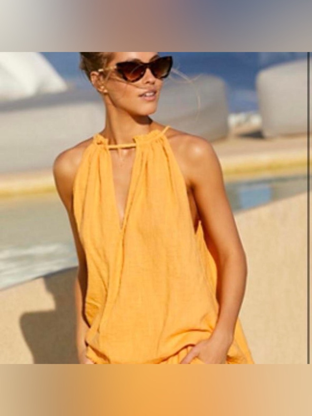 Free People Sun-kissed Yellow Orange Cantaloupe Color Halter Flowy Beach Top - S